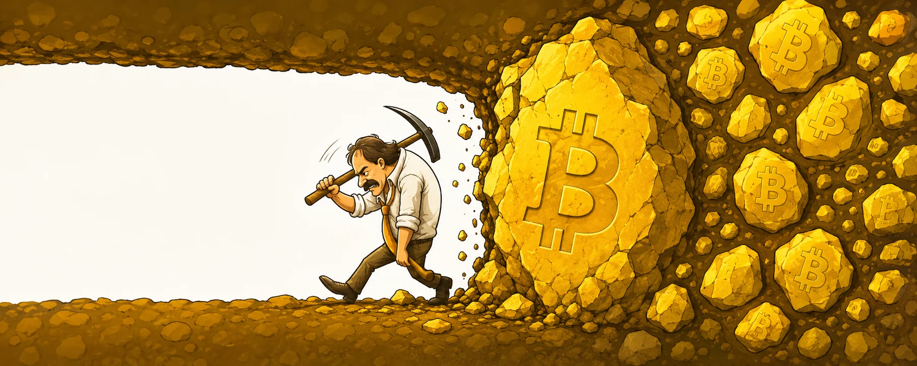 Cartoon miner digging through a mine filled with yellow Bitcoin rocks